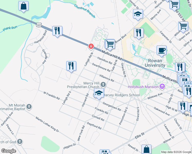 map of restaurants, bars, coffee shops, grocery stores, and more near 112 Harvard Road North in Glassboro
