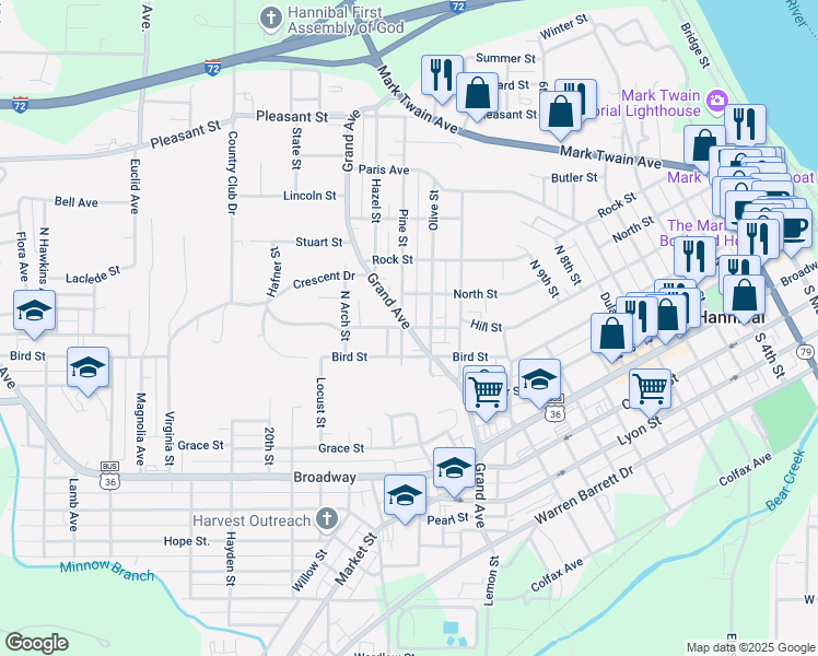 map of restaurants, bars, coffee shops, grocery stores, and more near 1499 Hill Street in Hannibal