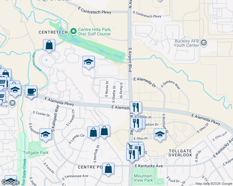map of restaurants, bars, coffee shops, grocery stores, and more near 478 South Olathe Street in Aurora