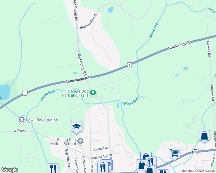 map of restaurants, bars, coffee shops, grocery stores, and more near 54 North Hills Drive in Rising Sun