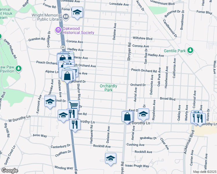 map of restaurants, bars, coffee shops, grocery stores, and more near 343 Wonderly Avenue in Dayton