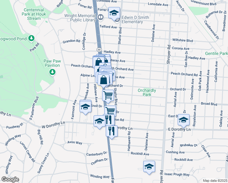 map of restaurants, bars, coffee shops, grocery stores, and more near 2519 Shafor Boulevard in Dayton