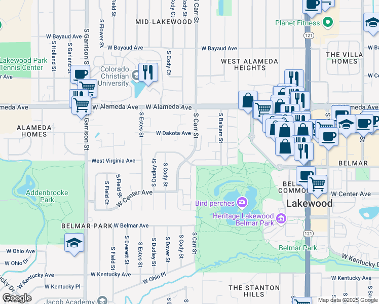 map of restaurants, bars, coffee shops, grocery stores, and more near 453 South Carr Street in Lakewood