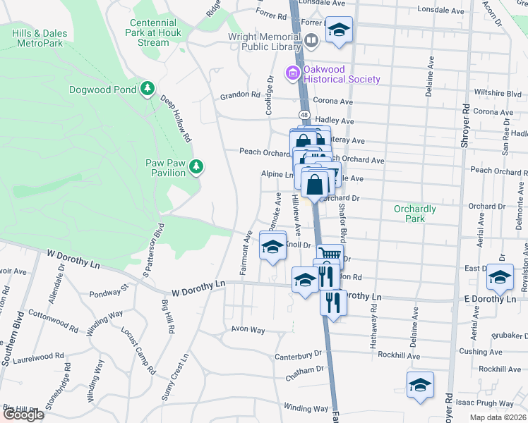 map of restaurants, bars, coffee shops, grocery stores, and more near 2530 Fairmont Avenue in Dayton