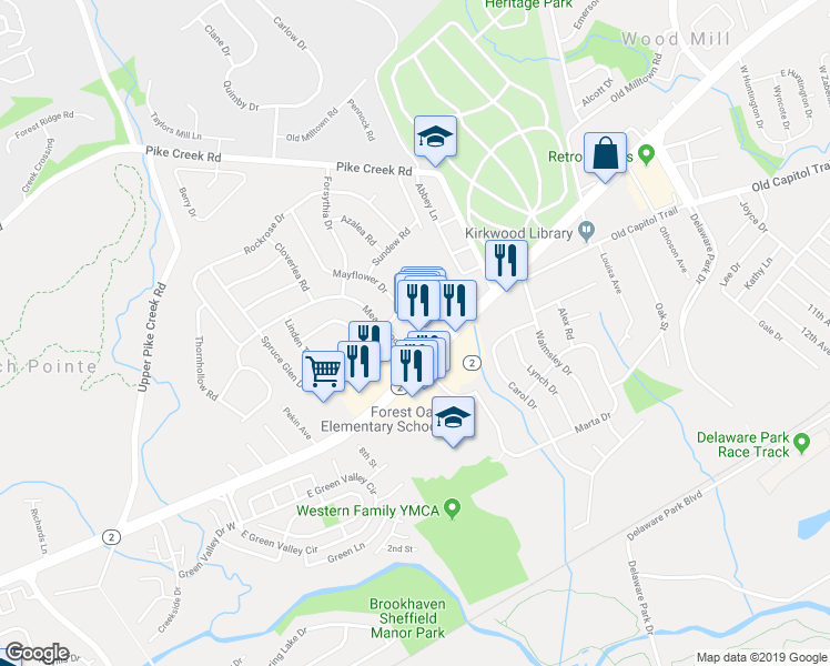 map of restaurants, bars, coffee shops, grocery stores, and more near 2671 Kirkwood Highway in Newark
