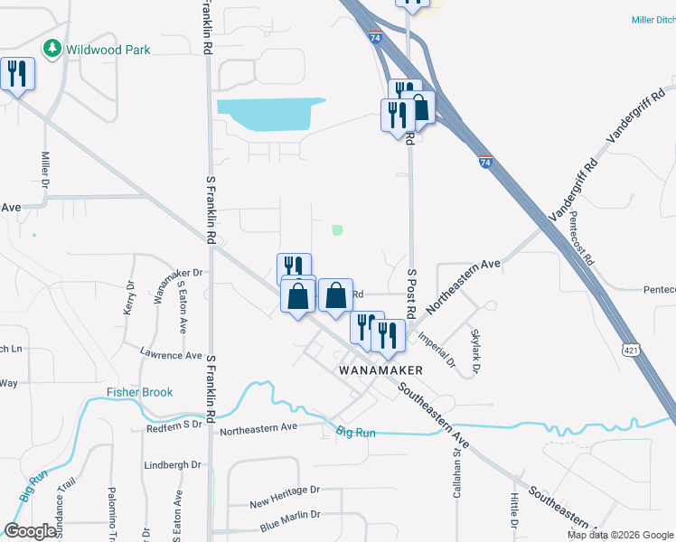 map of restaurants, bars, coffee shops, grocery stores, and more near 4150 South Bazil Avenue in Indianapolis