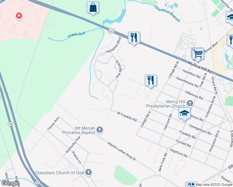 map of restaurants, bars, coffee shops, grocery stores, and more near 629 Quincy Court in Glassboro