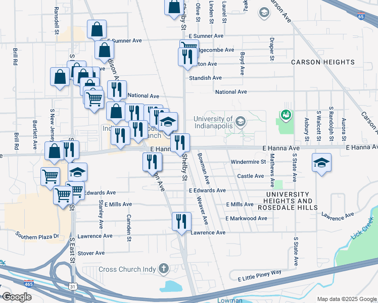 map of restaurants, bars, coffee shops, grocery stores, and more near 4005 Shelby St in Indianapolis