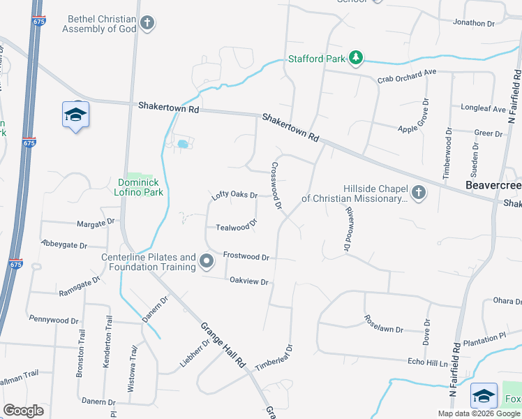 map of restaurants, bars, coffee shops, grocery stores, and more near 702 Tealwood Drive in Beavercreek