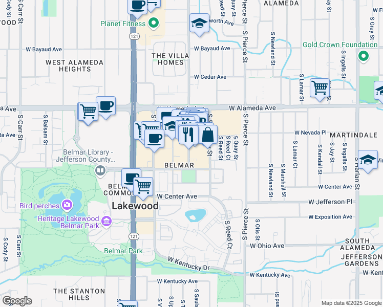 map of restaurants, bars, coffee shops, grocery stores, and more near 470 South Teller Street in Lakewood