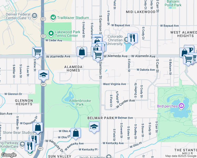 map of restaurants, bars, coffee shops, grocery stores, and more near 9203 West Virginia Drive in Lakewood