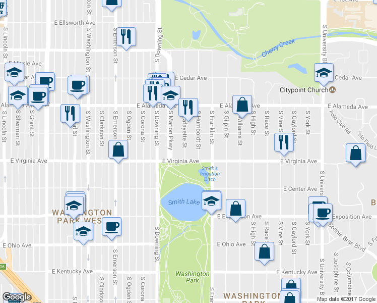 map of restaurants, bars, coffee shops, grocery stores, and more near 477 South Humboldt Street in Denver