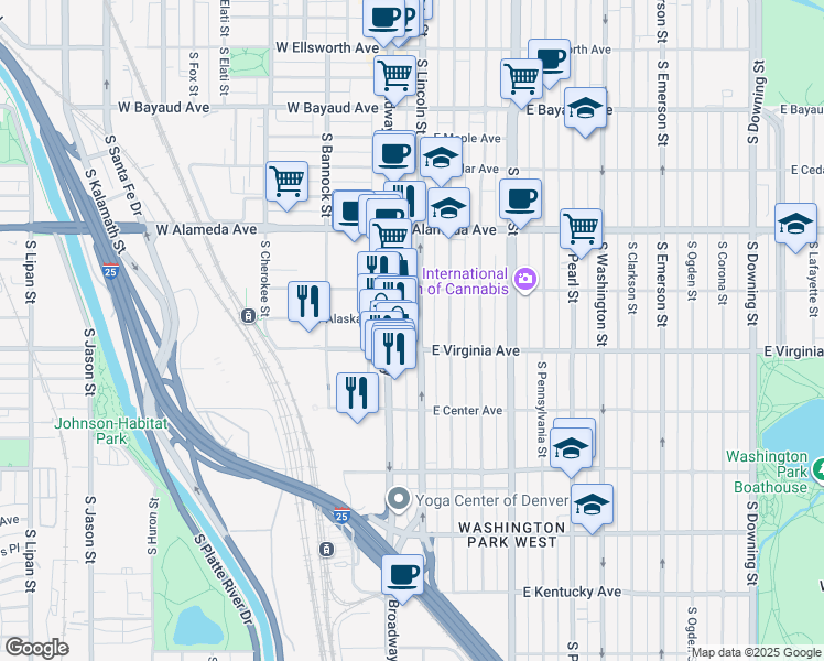 map of restaurants, bars, coffee shops, grocery stores, and more near 469 South Lincoln Street in Denver