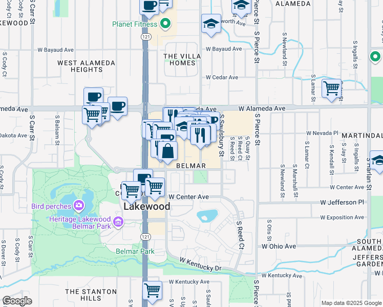map of restaurants, bars, coffee shops, grocery stores, and more near in Lakewood