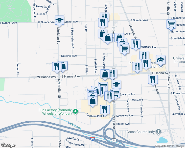 map of restaurants, bars, coffee shops, grocery stores, and more near 324 East Hanna Avenue in Indianapolis