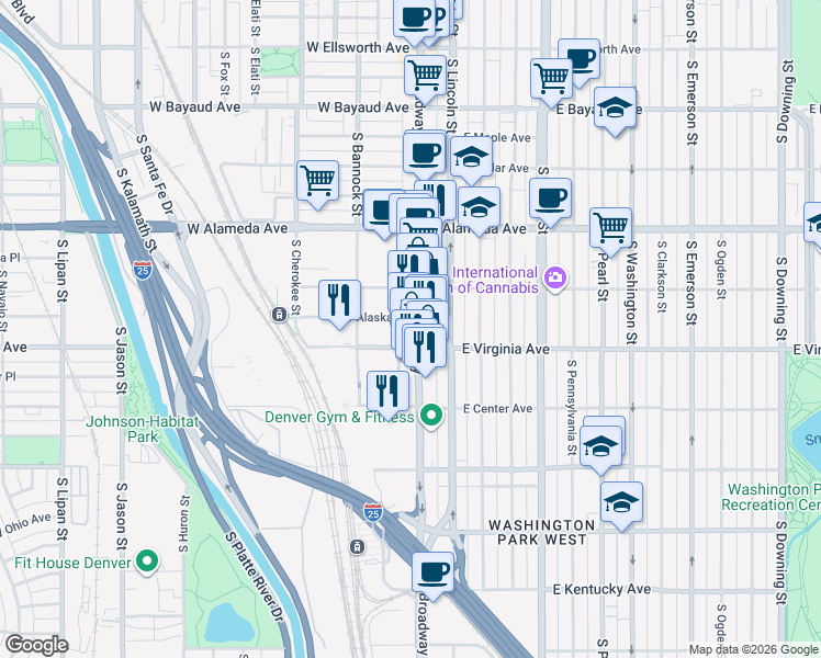 map of restaurants, bars, coffee shops, grocery stores, and more near 457 South Broadway in Denver