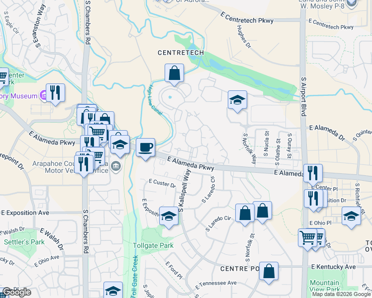 map of restaurants, bars, coffee shops, grocery stores, and more near 472 South Kalispell Way in Aurora