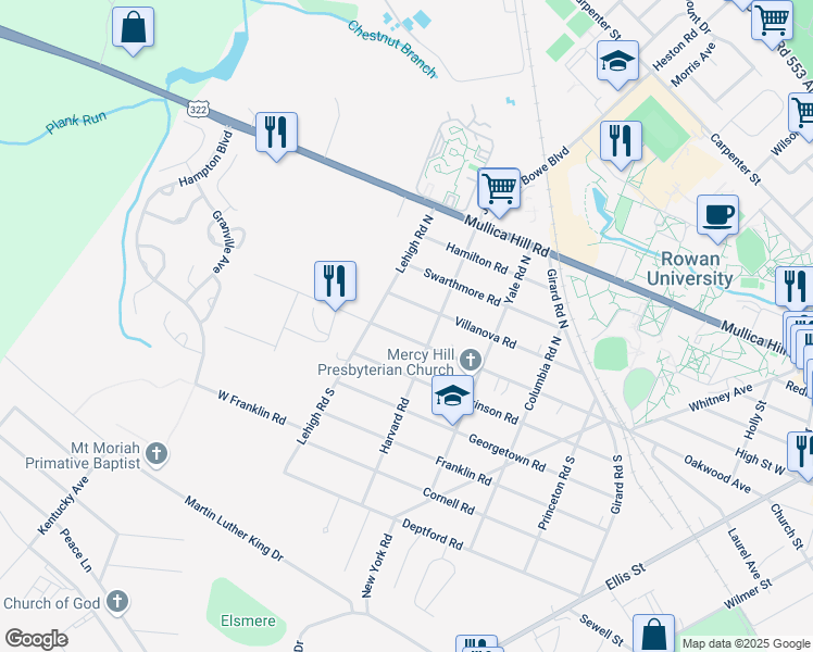 map of restaurants, bars, coffee shops, grocery stores, and more near 409 University Boulevard in Glassboro