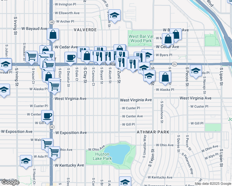 map of restaurants, bars, coffee shops, grocery stores, and more near 480 South Alcott Street in Denver