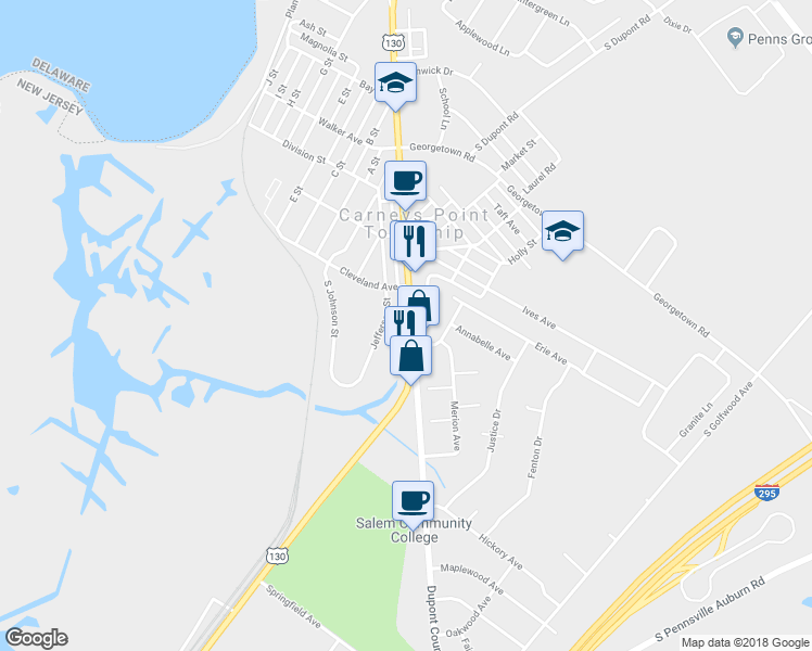 map of restaurants, bars, coffee shops, grocery stores, and more near 314 Shell Road in Penns Grove