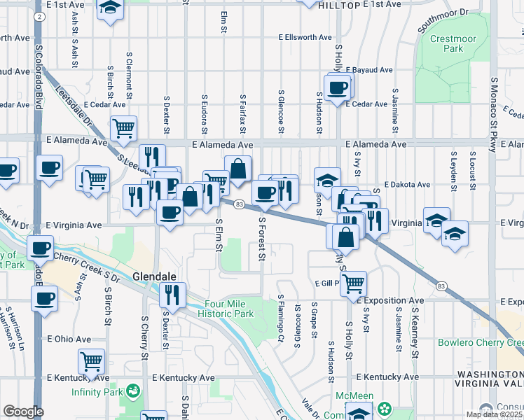 map of restaurants, bars, coffee shops, grocery stores, and more near Leetsdale Dr & S Forest St in Denver