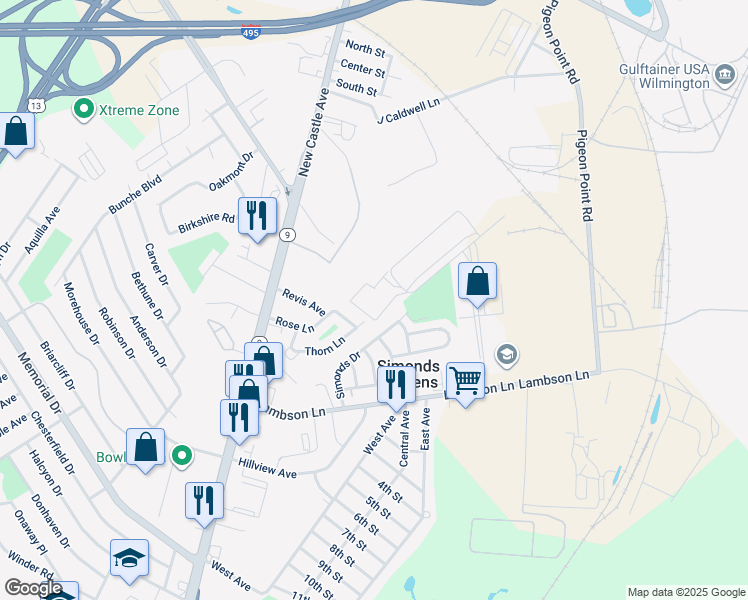 map of restaurants, bars, coffee shops, grocery stores, and more near 10 Dock View Drive in New Castle