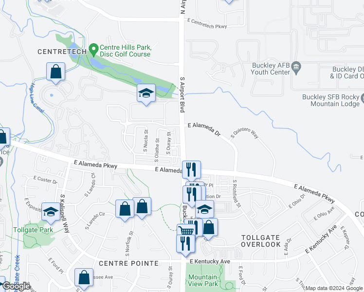 map of restaurants, bars, coffee shops, grocery stores, and more near 447 South Airport Boulevard in Aurora