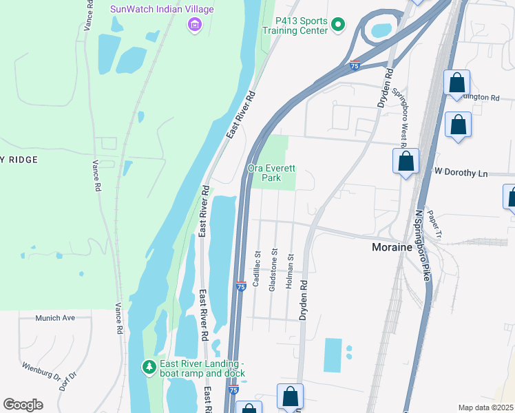 map of restaurants, bars, coffee shops, grocery stores, and more near 2627 Cadillac Street in Moraine