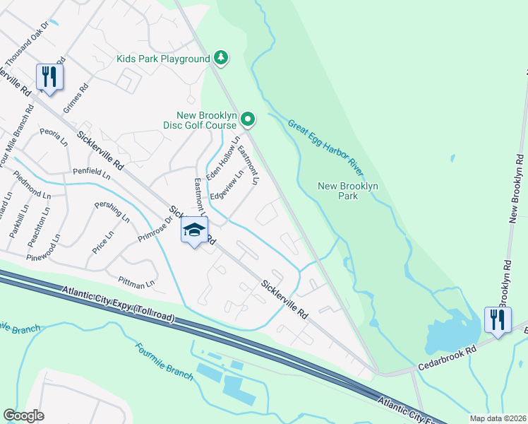 map of restaurants, bars, coffee shops, grocery stores, and more near 77 Vanderbilt Court in Winslow Township