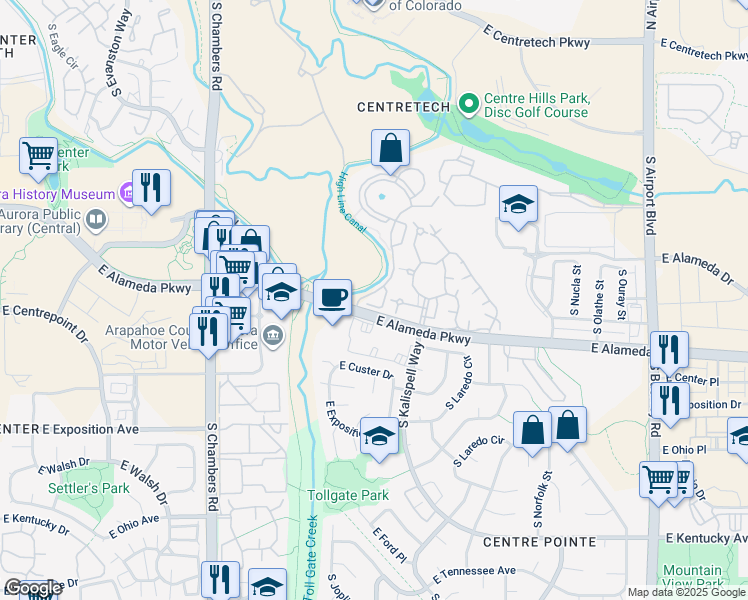map of restaurants, bars, coffee shops, grocery stores, and more near 490 South Joplin Street in Aurora
