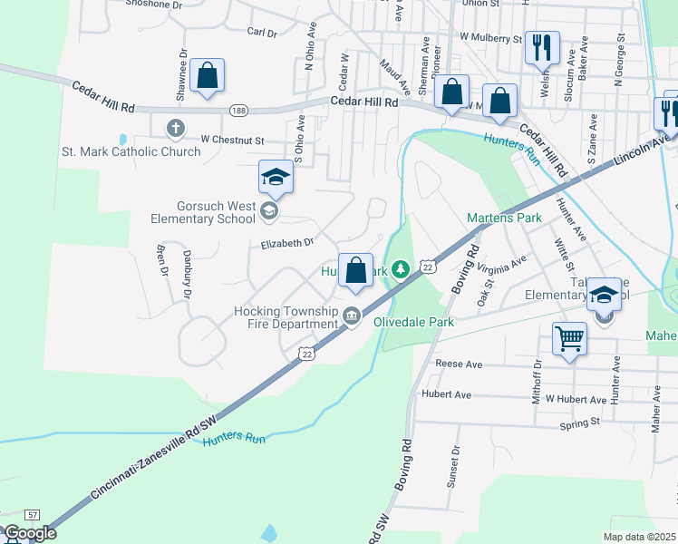 map of restaurants, bars, coffee shops, grocery stores, and more near Trace Drive in Lancaster
