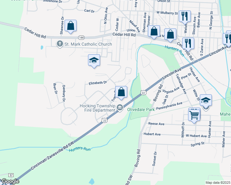 map of restaurants, bars, coffee shops, grocery stores, and more near Trace Drive in Lancaster