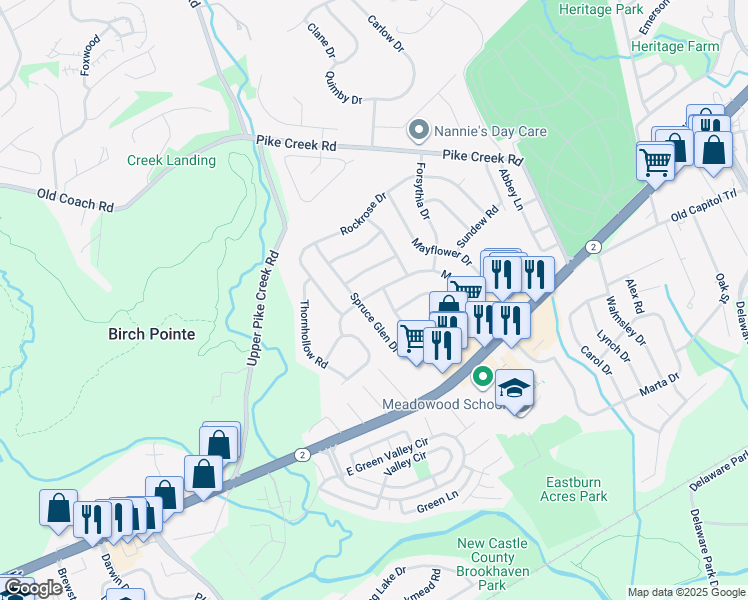 map of restaurants, bars, coffee shops, grocery stores, and more near 135 Meadowood Dr in Newark