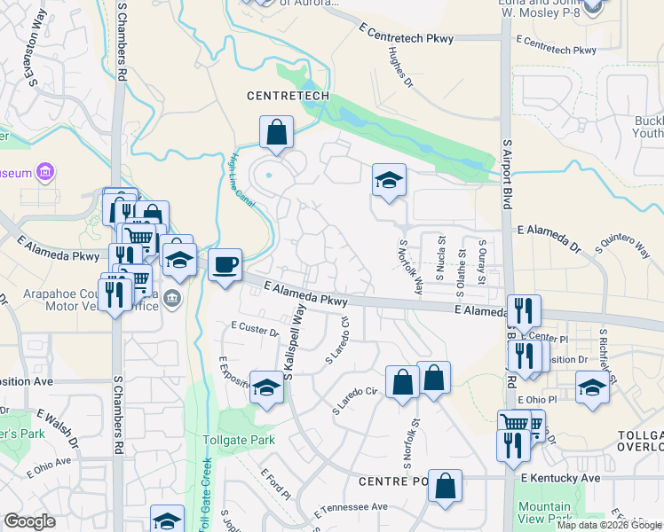 map of restaurants, bars, coffee shops, grocery stores, and more near 16001 East Alaska Place in Aurora