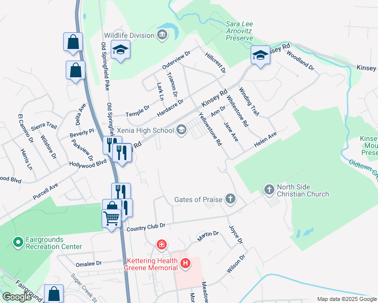 map of restaurants, bars, coffee shops, grocery stores, and more near 303 Kinsey Road in Xenia