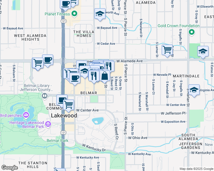 map of restaurants, bars, coffee shops, grocery stores, and more near 446 South Saulsbury Street in Lakewood