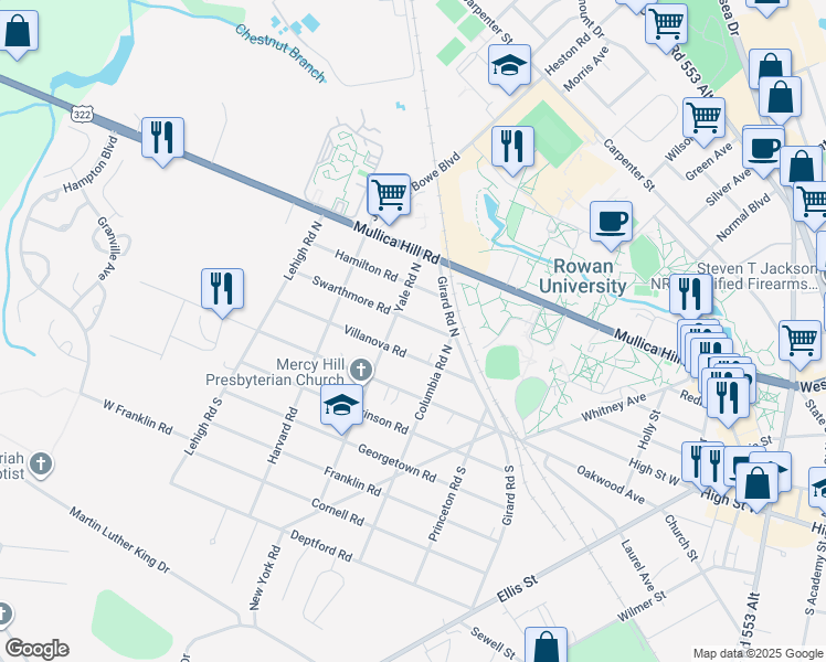 map of restaurants, bars, coffee shops, grocery stores, and more near 214 Swarthmore Road in Glassboro