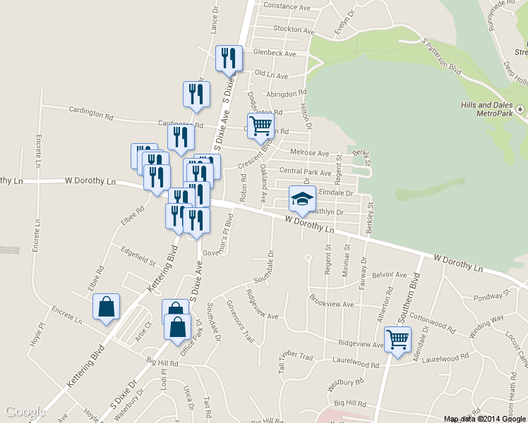 map of restaurants, bars, coffee shops, grocery stores, and more near 1300 West Dorothy Lane in Dayton