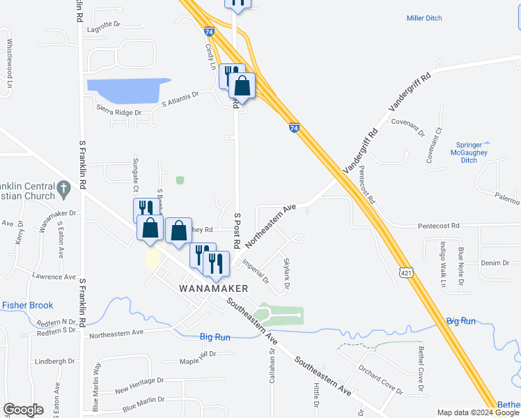 map of restaurants, bars, coffee shops, grocery stores, and more near 9101 Lloyd Street in Indianapolis