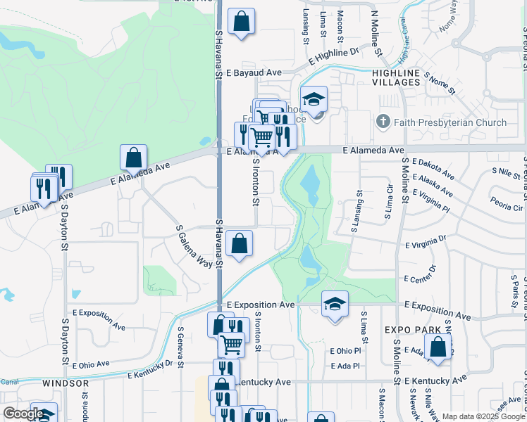 map of restaurants, bars, coffee shops, grocery stores, and more near 456 South Ironton Street in Aurora