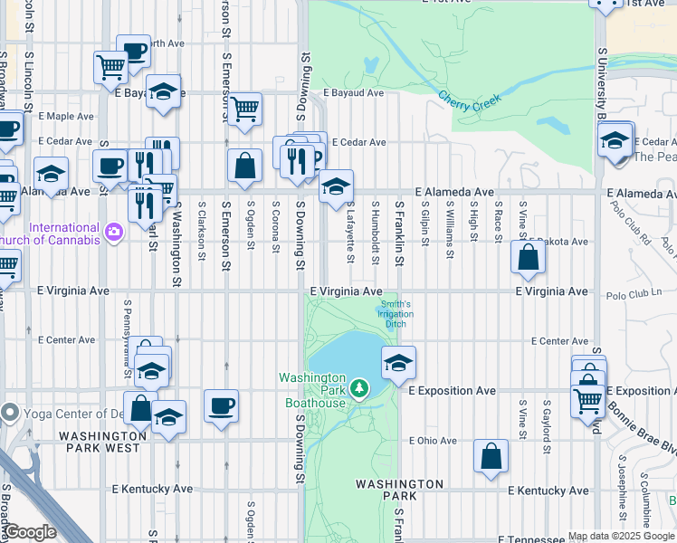 map of restaurants, bars, coffee shops, grocery stores, and more near 480 South Marion Parkway in Denver