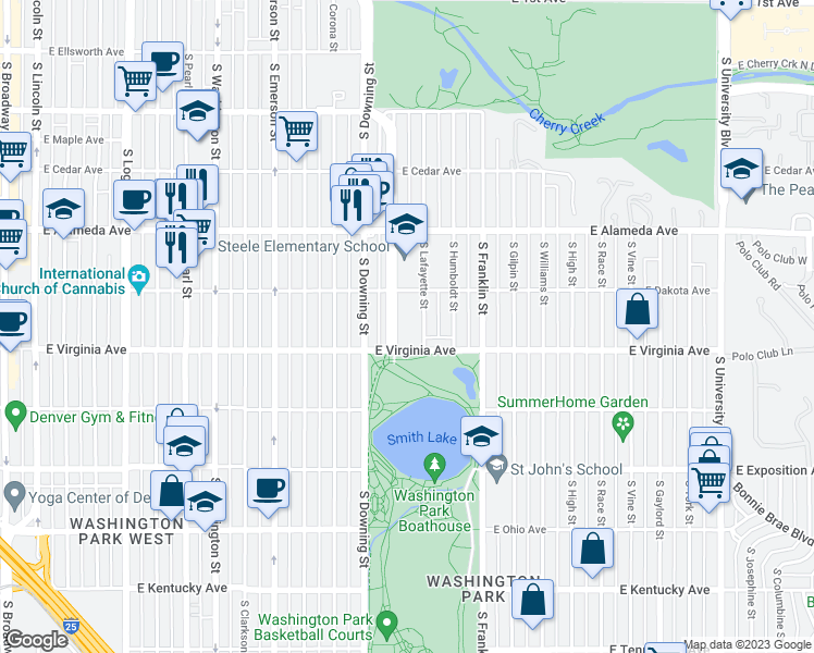 map of restaurants, bars, coffee shops, grocery stores, and more near 460 South Marion Parkway in Denver