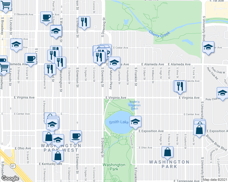 map of restaurants, bars, coffee shops, grocery stores, and more near 480 South Marion Parkway in Denver