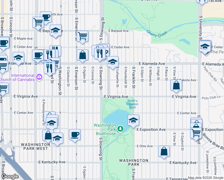 map of restaurants, bars, coffee shops, grocery stores, and more near 480 South Marion Parkway in Denver