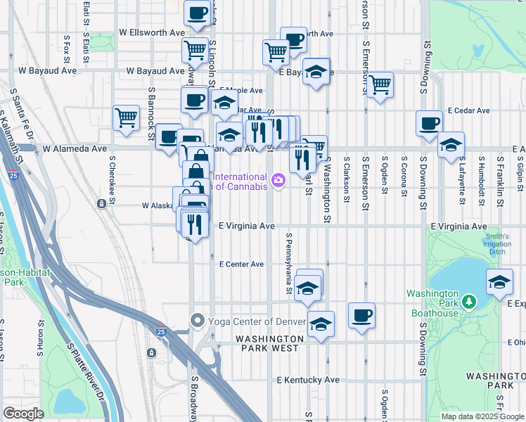 map of restaurants, bars, coffee shops, grocery stores, and more near 466 South Grant Street in Denver