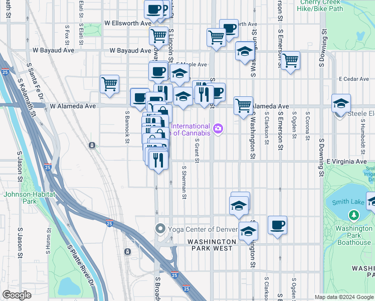 map of restaurants, bars, coffee shops, grocery stores, and more near 470 South Sherman Street in Denver
