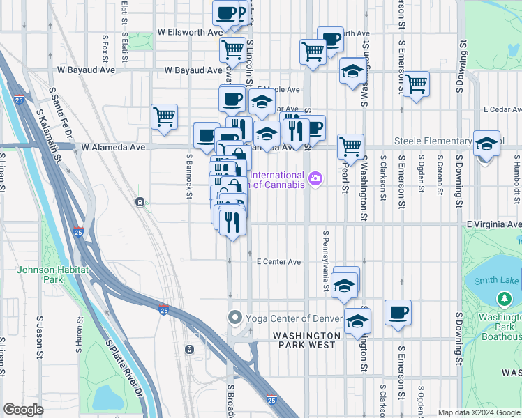 map of restaurants, bars, coffee shops, grocery stores, and more near 470 South Sherman Street in Denver