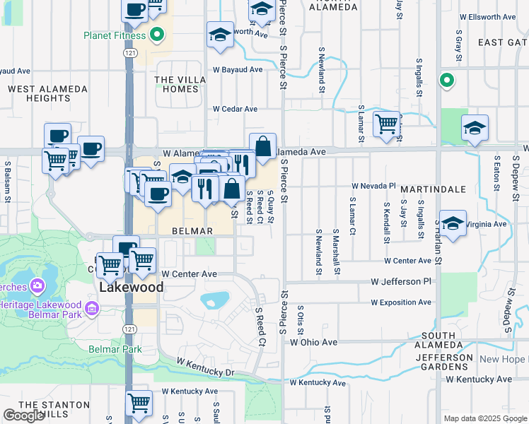 map of restaurants, bars, coffee shops, grocery stores, and more near 472 South Reed Court in Lakewood