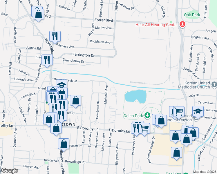 map of restaurants, bars, coffee shops, grocery stores, and more near 2669 Mohican Avenue in Dayton