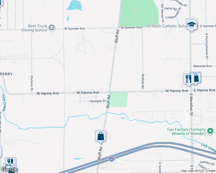 map of restaurants, bars, coffee shops, grocery stores, and more near 3950 Bluff Road in Indianapolis